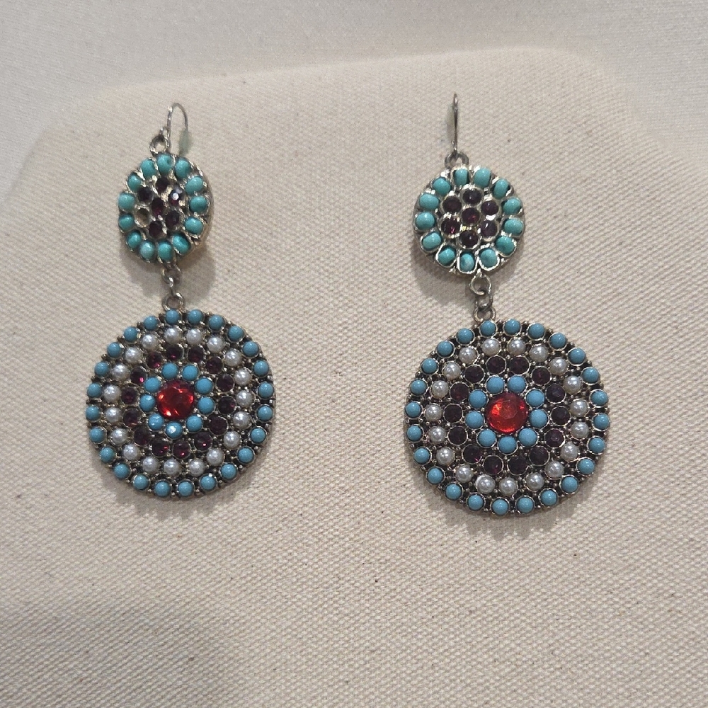 Boho Style Turquoise and Red Dangle Earrings